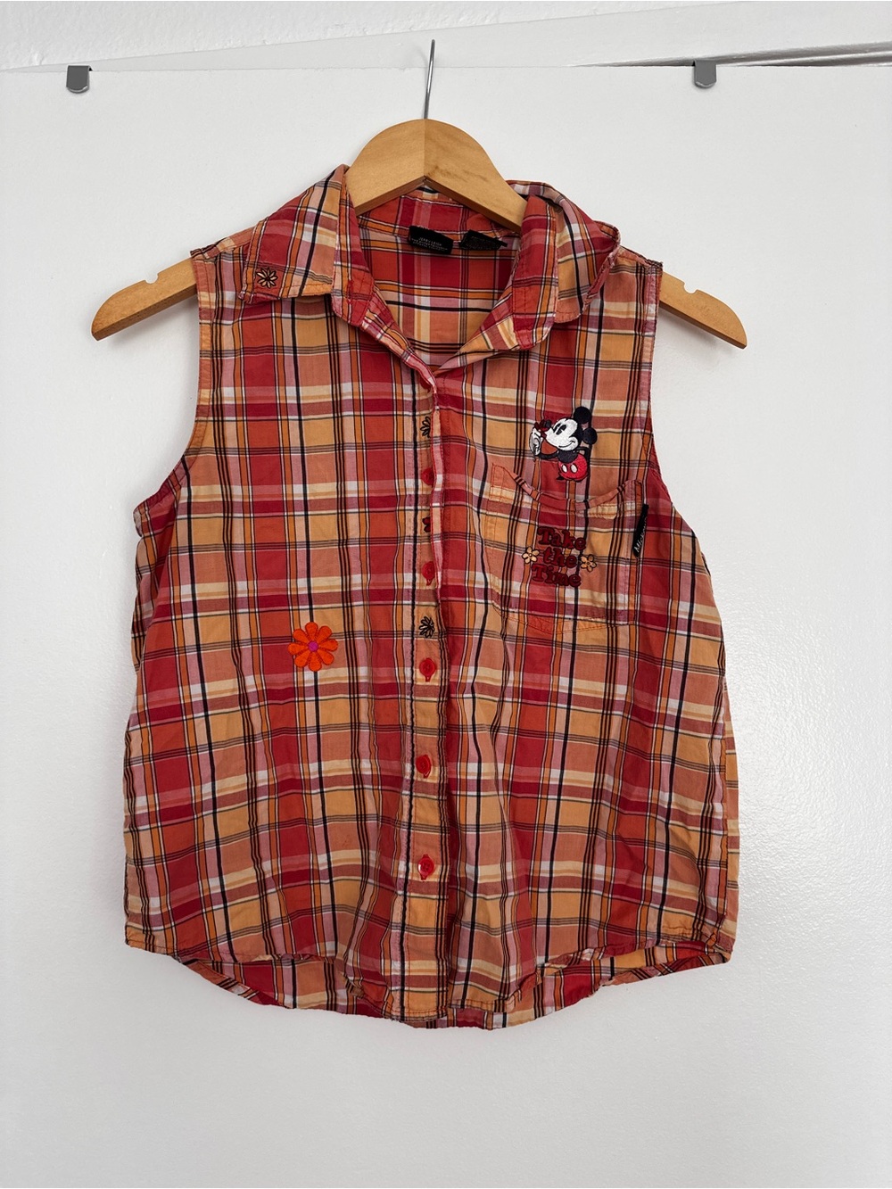 Disney Girls Red & Tan Plaid Sleeveless Button-Up Top with Mickey Patch
